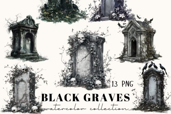 13 Watercolor Graves Illustrations: A Gothic Design Toolkit