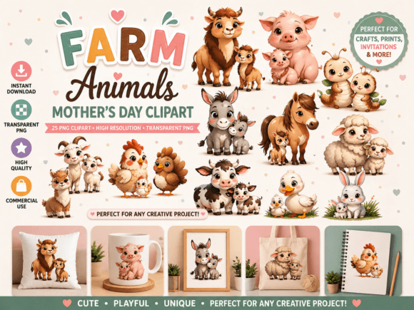 25 Mother's Day Farm Animal Moms Clipart: Rustic Charm for Your Designs